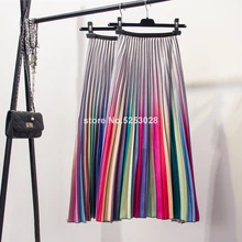 Юбки для женщин s эластичная высокая талия A Line миди плиссированная юбка весна лето мода контрастный Градиент Радуга полосатая Женская юбка