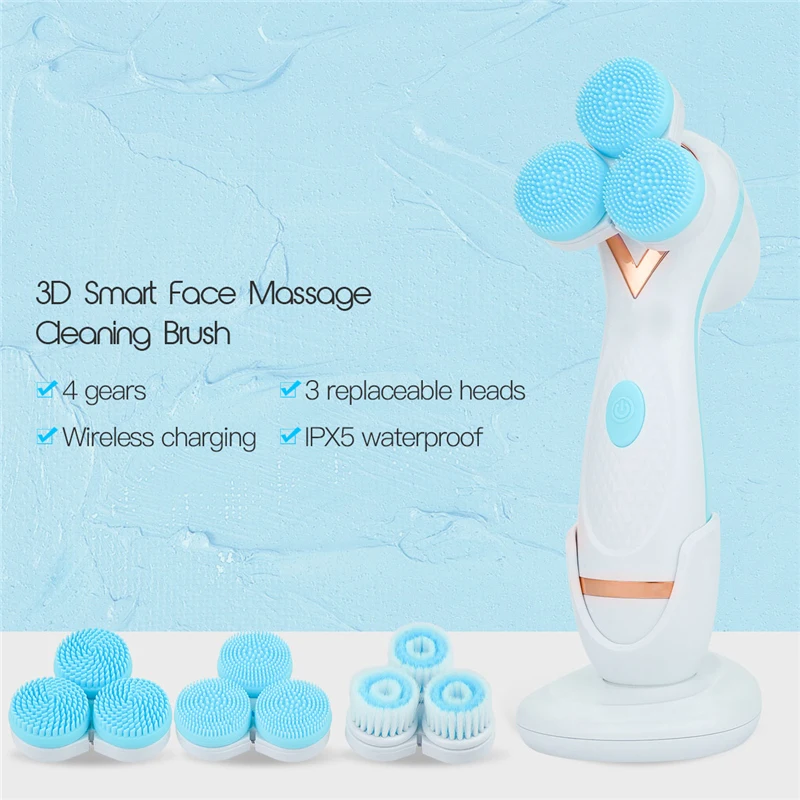  3In1 Rotation Electric Facial Cleansing Brush Massage Face Washing Machine Waterproof Silicone Deep