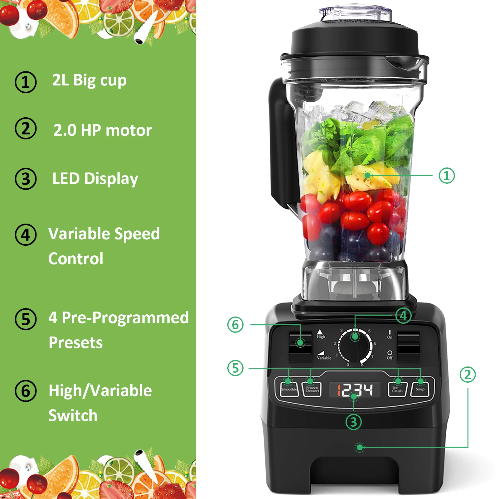 6 Sharp Blade for Ice/Nuts/Soup/Sauce Blender Smoothie Maker 2019 New Homegeek 2000W 8-Speed Smoothie Blender Commercial Blender with 32,000 RPM High Speed BPA Free Tritan Pitcher & Tamper 