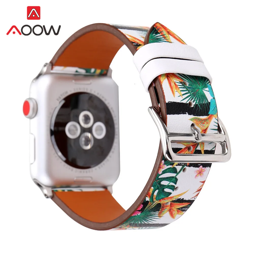 Кожаный ремешок для Apple Watch 38 мм 42 цветочных растений печати для женщин мужчин запасной браслет ремешок Ремешок для iwatch 1 2 3 4