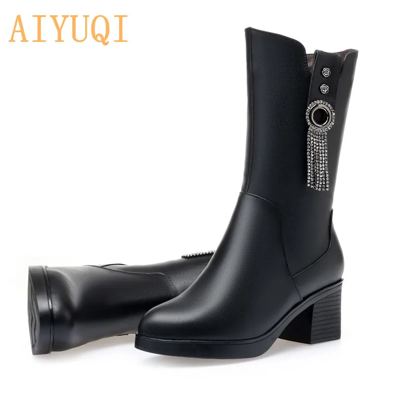 AIYUQI; Новинка года; женские зимние сапоги; высокие сапоги из натуральной кожи, Украшенные бусинами и кисточками; женские модные шерстяные сапоги на высоком каблуке; женские зимние сапоги