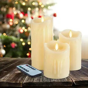 

3 Flickering Flameless Pillar Led Candle Remote Controlled Edge Moving Party-amber Timer Wedding Dancing Xmas Melted Wick U9W5