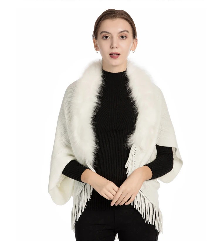 OMEA Fur Collar Poncho Women Winter Knitted Pullover Poncho with Tassel Women Shawl Solid Color Female Ponchos and Capes Ladies