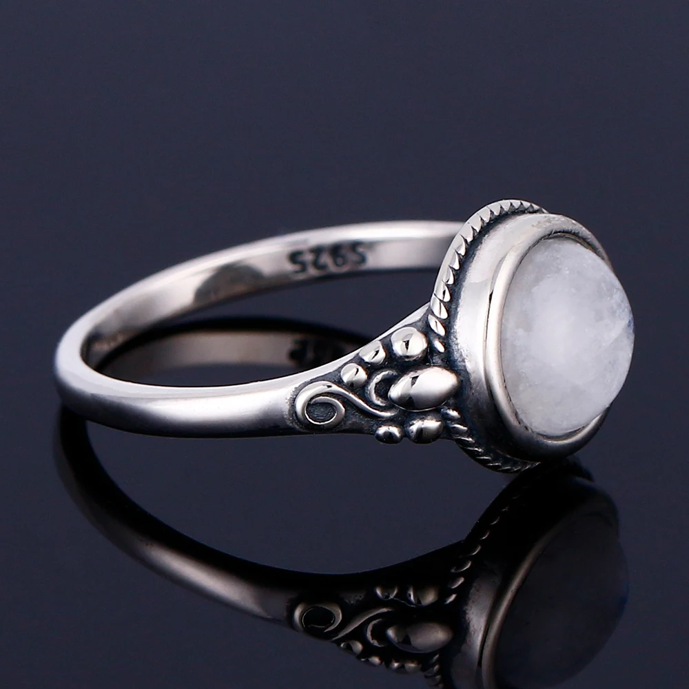 Men And Women 925 Sterling Silver Jewelry Ring Round 8MM Natural Moonstone Ring Bohemian Style Engagement Wedding Party Gift silver rings silver ring wedding rings
