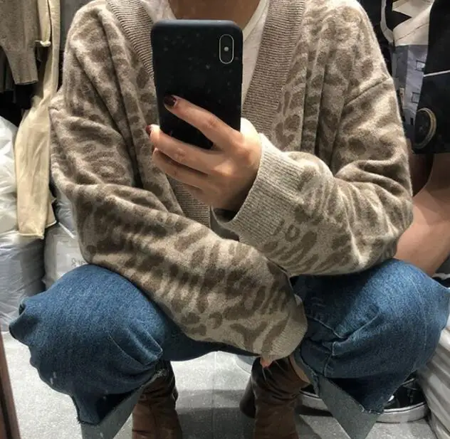 beige 3 цвета осень и зима корейский стиль свободный леопардовый кардиган свитер женские трикотажные топы feminino(N0030 - Цвет: beige