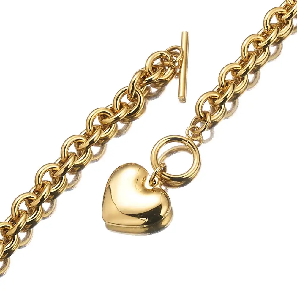 

8MM Wide Gold Color 316L Stainless Steel O-Chain Necklace With Heart Pendant Fashion Women Jewelry Gift