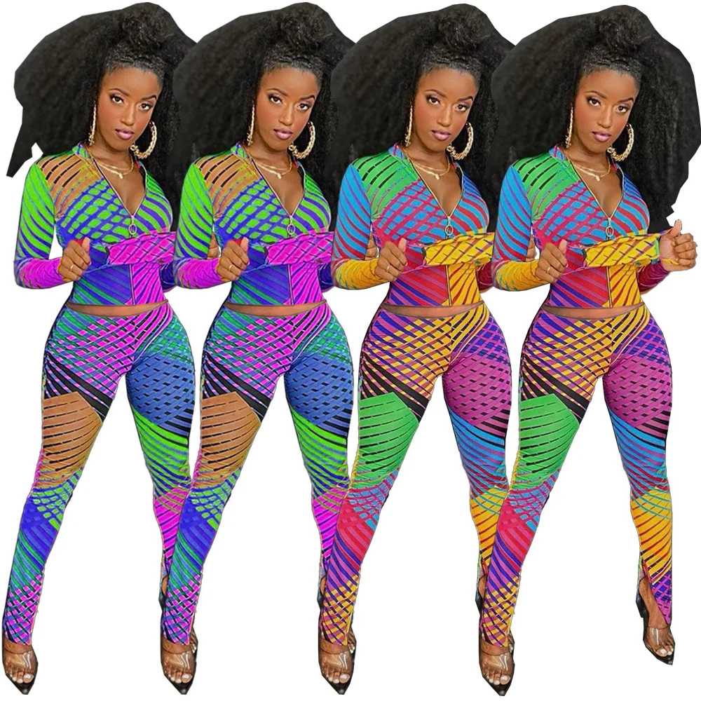 

Спортивный костюм для активного отдыха, осенний комплект из двух предметов, блестящая куртка на молнии, топы, расклешенные брюки с разрезом, костюм для бега, спортивный костюм