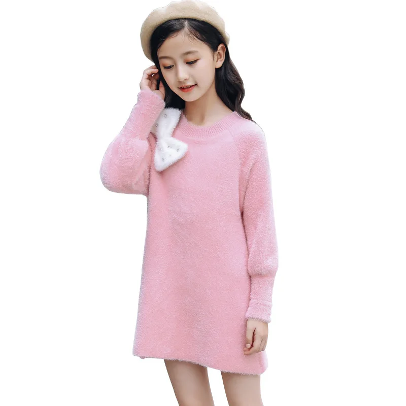 Зимнее платье для девочек-подростков вельветовые вязаные свитера принцессы с толстым бантом Детские платья для девочек, одежда Детский костюм Возраст 8, 10, 12 лет
