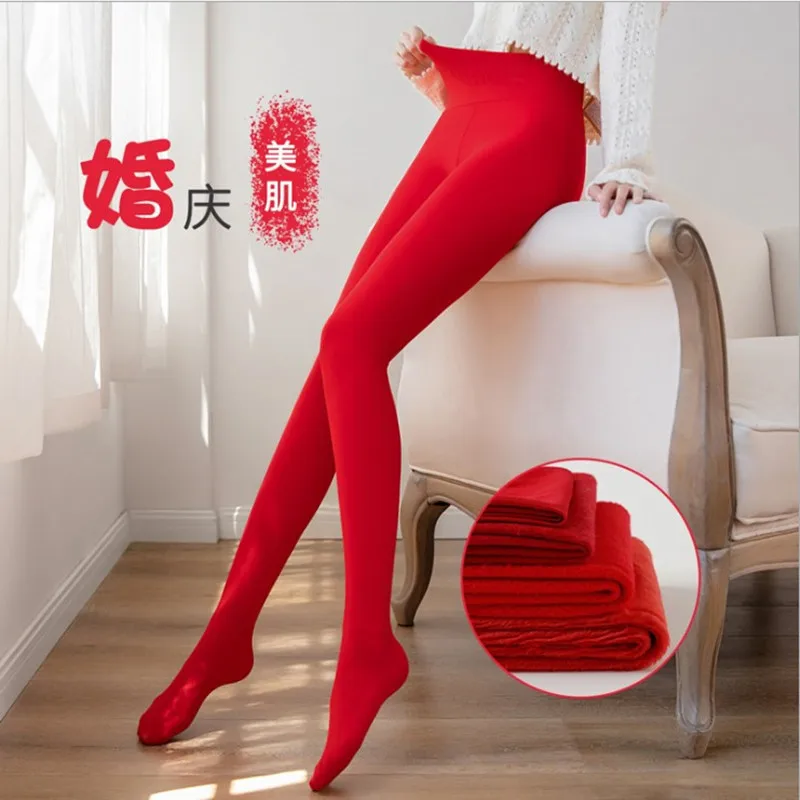 red  Warm and festive step on pantyhose autumn and winter Chinese wedding bride red Leggings