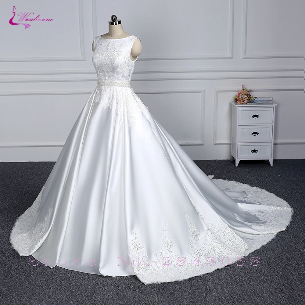 Waulizane атласное свадебное платье трапециевидной формы с овальным вырезом из жемчуга с поясом с коротким рукавом свадебное платье