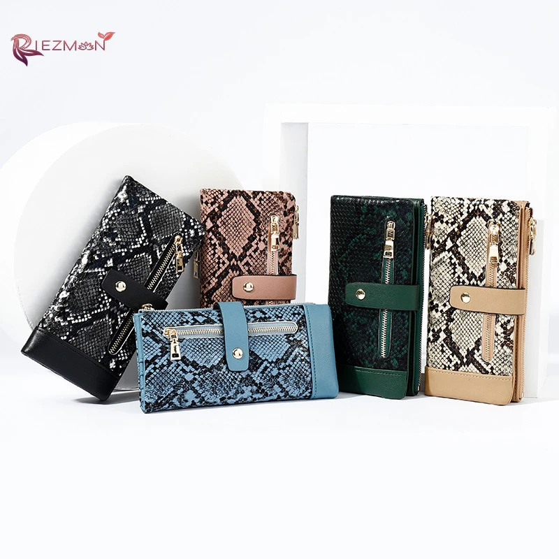 

RIEZMAN New Women Wallet Snake Pattern Buckle Multi Card Position Large Capacity Zipper Long PU Wallet Ladies Card Bag For Women