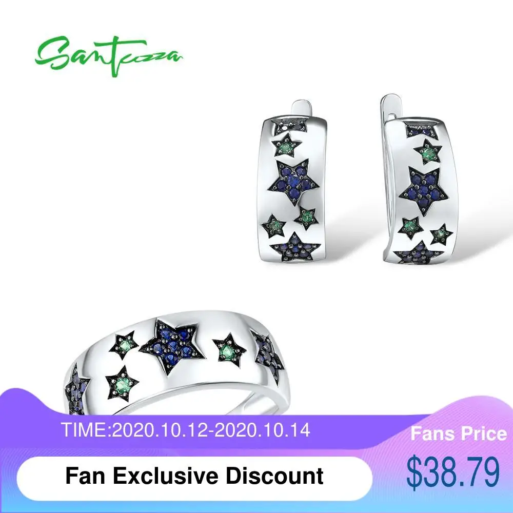 

SANTUZZA Jewelry Set For Women Pure 925 Sterling Silver Sparkling Green Spinel Shiny Stars Earrings Ring Set Trendy Fine Jewelry