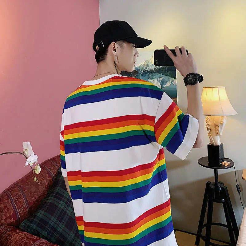 Striped Five-sleeved Men's New Relaxed Fashionable Half-sleeved Couple Tee Short-sleeved T-shirt in 2019