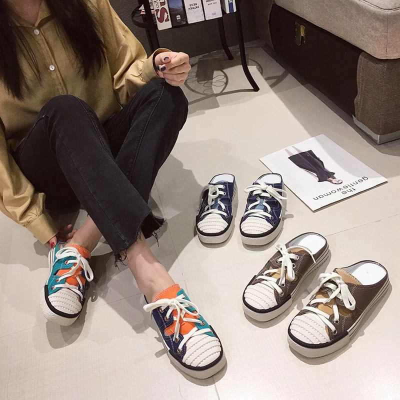 

Shoes Ladies' Slippers Loafers Cover Toe Slipers Women Flat Soft 2020 Casual Basic Slides PU Rubber Cross-tied Canvas Fabric