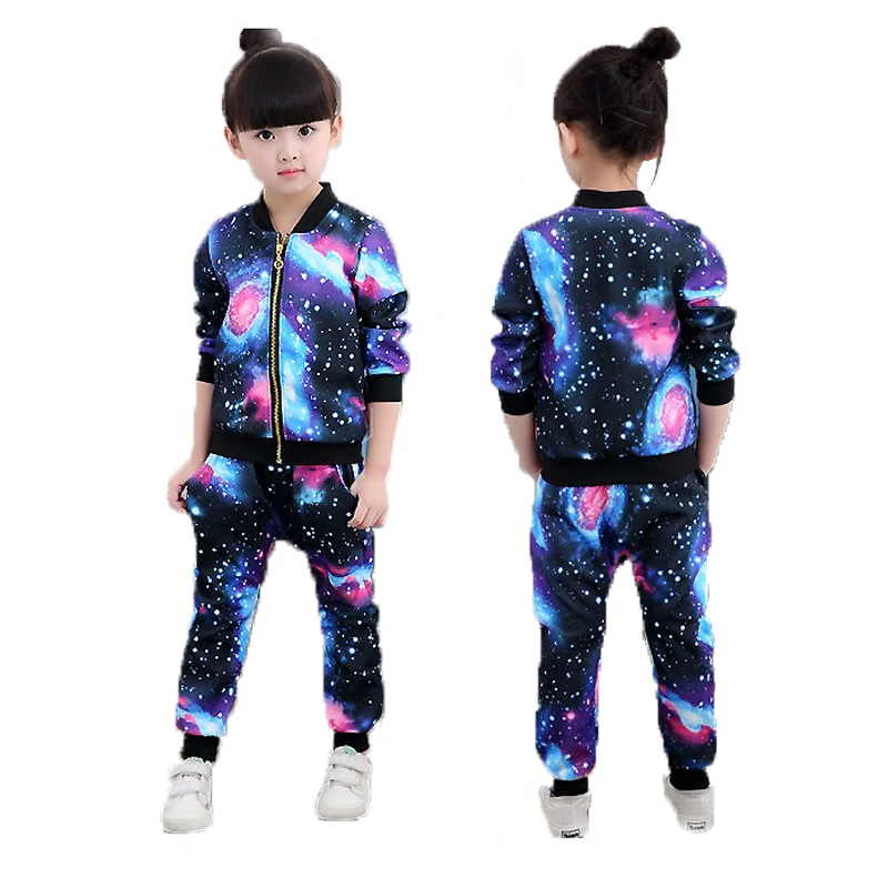 Спортивные комплекты для девочек модный свитшот с принтом звездного неба, пальто и штаны, комплект из 2 предметов, весенне-осенний комплект