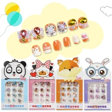 

12Pcs Animal Girl Kids False Nails Press On Self Adhesive Frog Rabbit Duck Cat Dog Nail Tips Short Rhinestone Fake Nail Art Kit