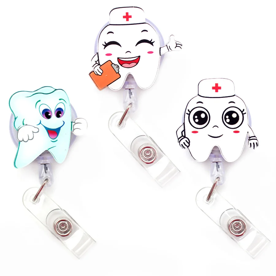Divertido encantador estilo, dientes retráctil creativo tarjeta titular insignia carrete Enfermera exposición Enfermera chica Tarjeta De Nombre pecho para Dentis