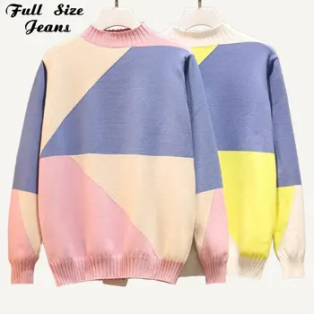 

Plus Size Multicolor Autumn Winter Women Half High Collar Sweater 4XL Knitted Jumper Tops Loose Casual Sweater Warm Femme Pull