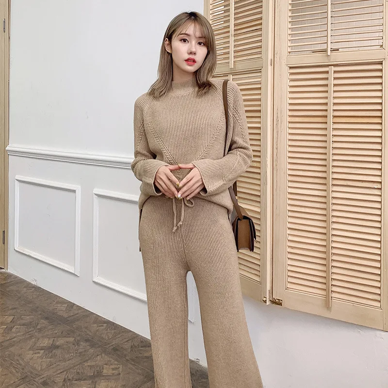 Knitted Women 2 Pieces Pant Sets Autumn Winter New Thicken Solid Warm Sweater and Wide Leg Pant Suits