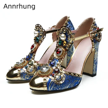 

Luxury Jeweled Rhinestone Pumps Women T-strap Round Toe Hoof Heel Metal Decor Gold Embroidery High Heel Shoes Woman