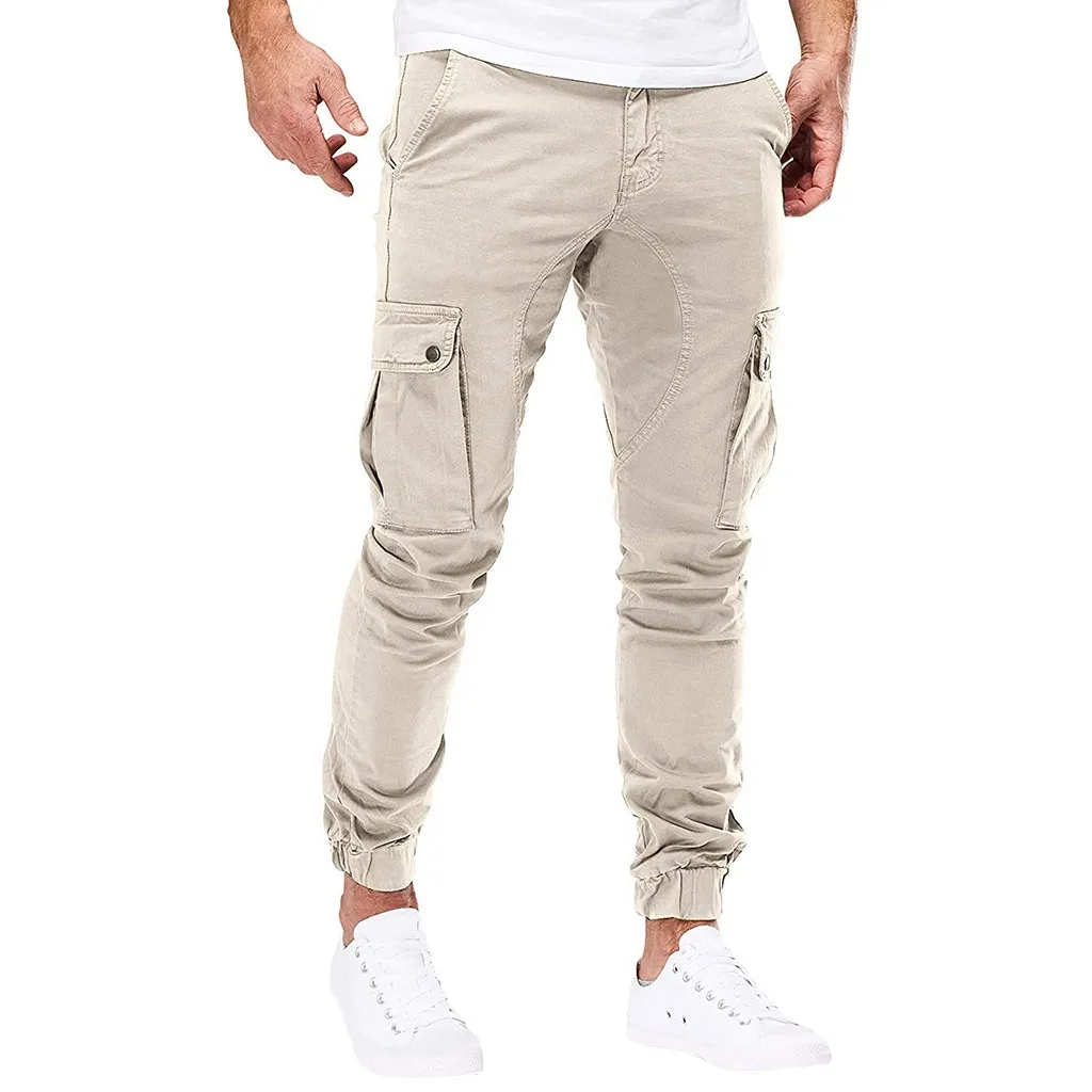 Khaki Модные мужские однотонные комбинезоны с карманами, повседневные прочные спортивные рабочие повседневные брюки с несколькими карманами, M0930 - Цвет: Khaki