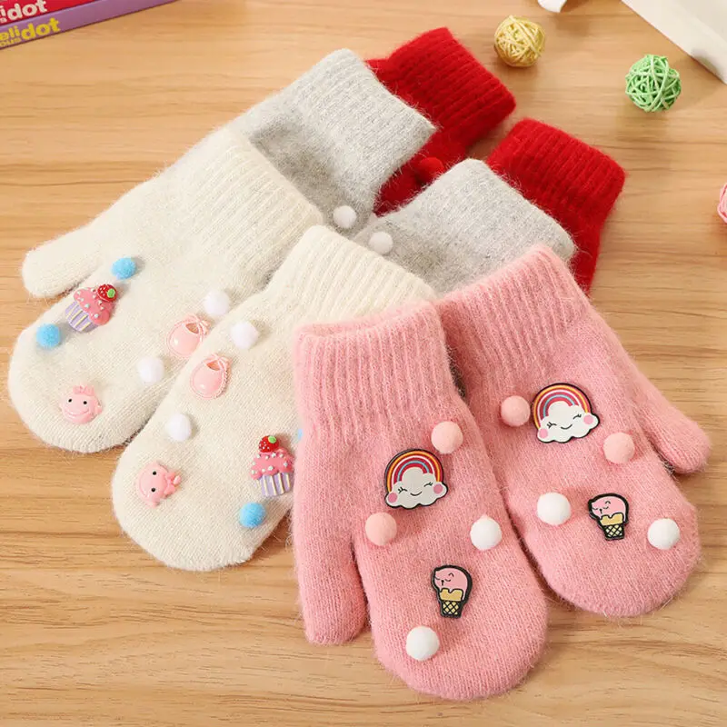 Новинка года; Рождественские теплые зимние перчатки для маленьких девочек; вязаные варежки из плотного меха с милым рисунком
