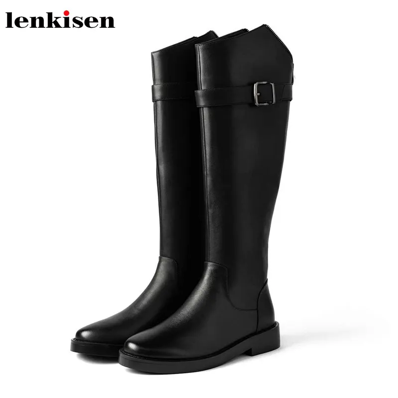 

Lenkisen concise style buckle straps cow leather knight boots round toe med heels women brand black zipper knee high boots L18