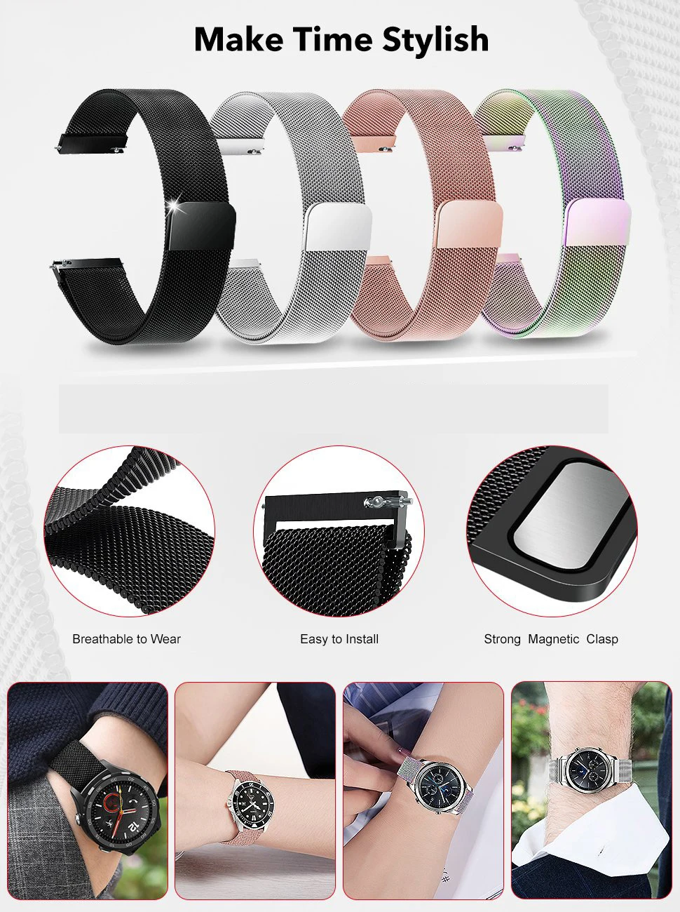 4in1 Smartwatch Accessories For Xiaomi Huami Amazfit Bip Strap Stainless Steel Bracelet Magnet With Plating Case Protector Film