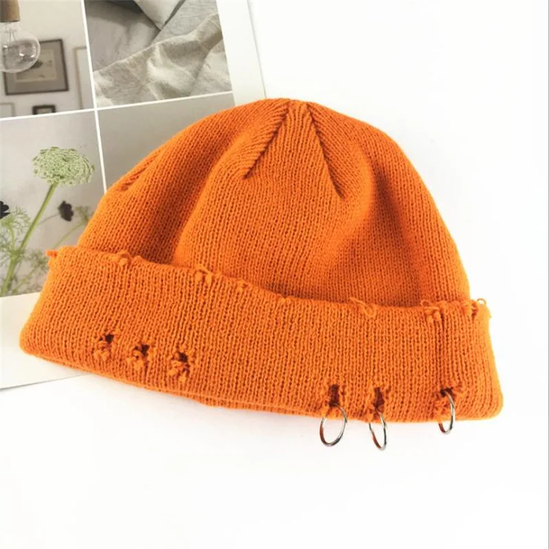 Unisex Winter Knitted Beanie Hat with Pins O-Ring Vintage Distressed Hole Solid Color Hip Hop Stretch Cuffed Skull Cap 