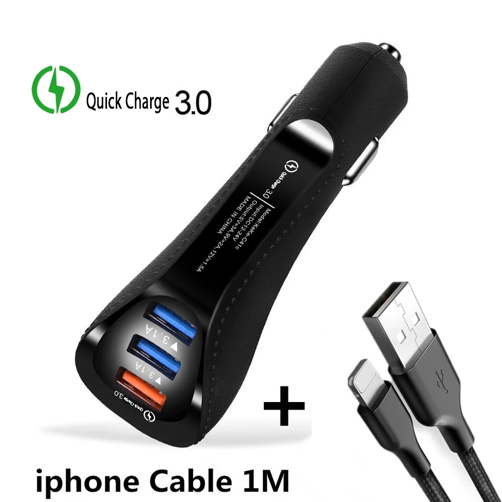 Black ip Cable 3.1A USB Автомобильное зарядное устройство Быстрая зарядка 3,0 зарядное устройство для мобильного телефона 3 порта быстрая зарядка автомобильное зарядное устройство для iPhone Xiaomi huawei автомобильное зарядное устройство - Тип штекера: Black ip Cable