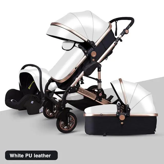 white PU Детская коляска из искусственной кожи с алюминиевой рамой Babyfond, с высоким пейзажем, 3 в 1, 4 колеса, детская коляска европейского стандарта - Цвет: white PU