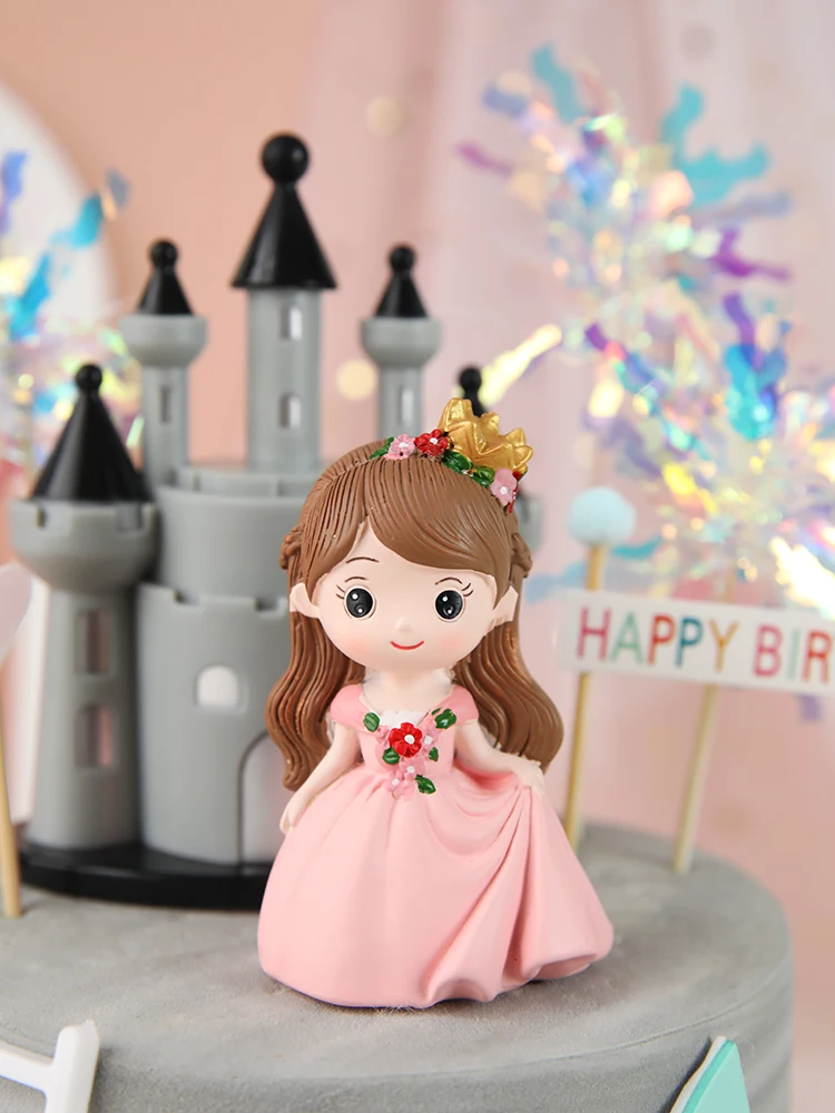 Cute Castle Princess Prince Resin Creative Crafts Cake Decorations Little Boy Girl Model Micro Landscape Cake Topper Decor