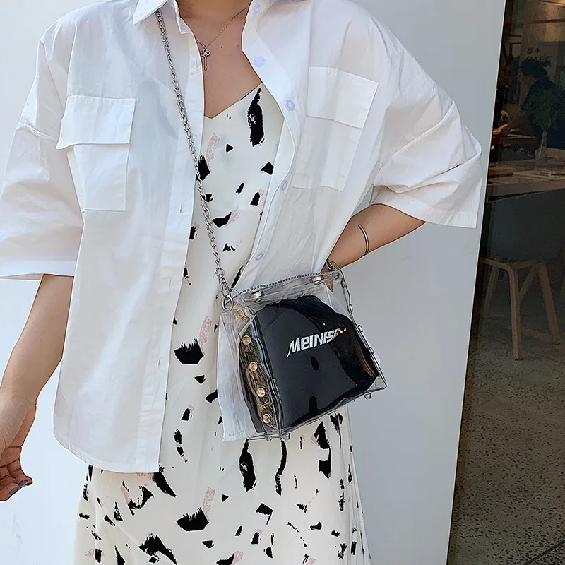

JIULIN 2019 new transparent small square bag letter canvas shoulder bag fashion western style chain shoulder Messenger bag