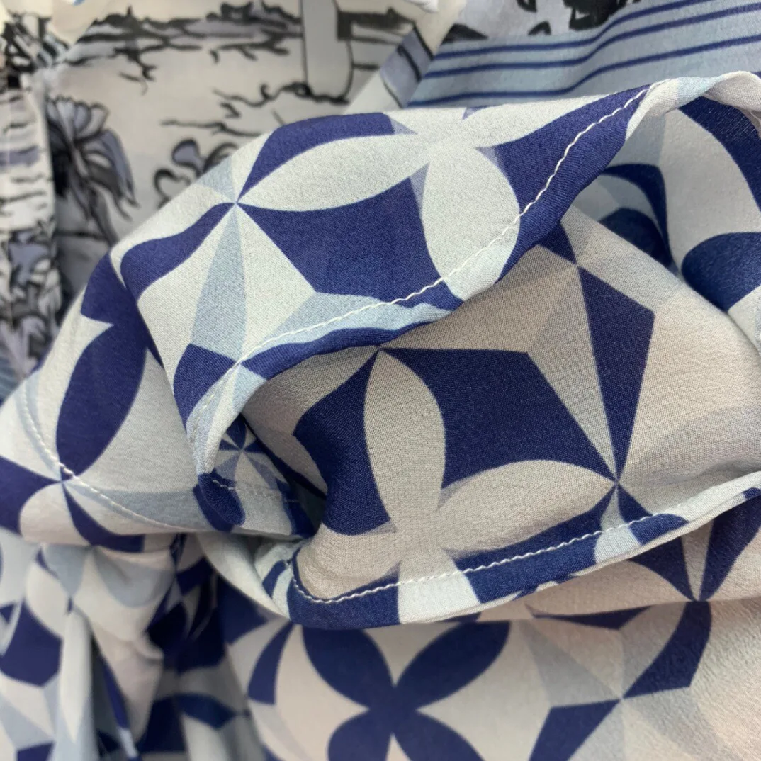 Início da Primavera Tecido de Seda Colarinho de Manga Crepe de Chine Alta Qualidade Novo Oceano Quatro Folhas Clover Polo Comprida Camisa Feminina Blusas 10 High Quality Moda Feminina