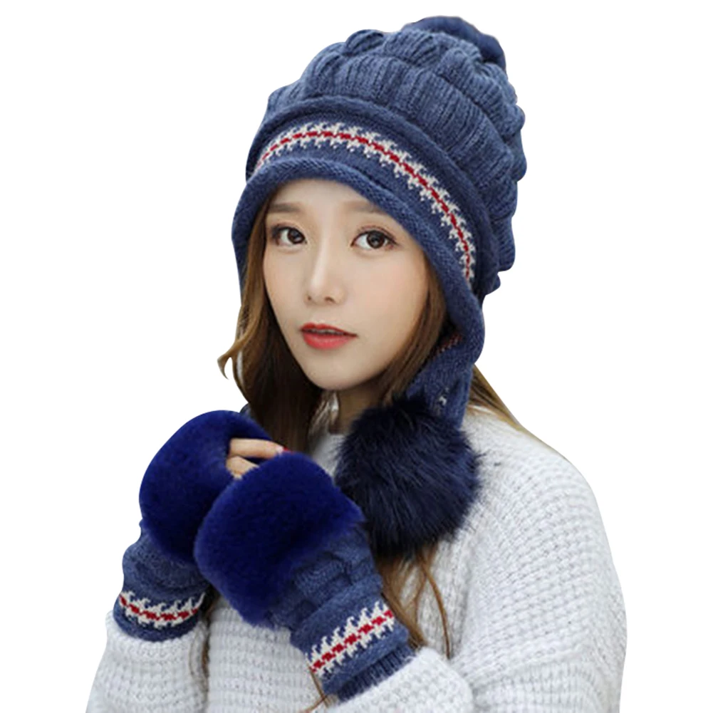 Fashion Women Knitted Hat Gloves Set Xmas Warming Beanie Hat Full Cover Glove Kit for Winter-OPK
