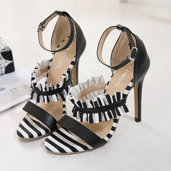 

Brand New Sexy Ruffles Striped Thin High Heels Party Summer Woman Shoes Sandals