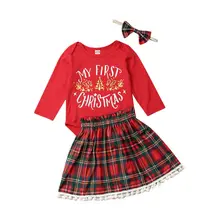 Хлопковое боди с длинными рукавами для новорожденных девочек от 3 до 18 месяцев, топы, клетчатая юбка, повязка на голову, комплект из 3 предметов, Рождественский комплект одежды