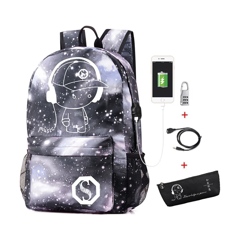 cheap Luminous School Backpack Oxford Cartoon School Bag with usb Cable and Lock and Pencil Bag for Teens Girls Boys Mochila Escolar