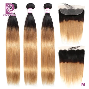 

Ombre Honey Blonde Bundles With Frontal T1B/27 Straight Brazilian Hair Weave Bundles With Lace Frontal Closure Remy Racily Hair