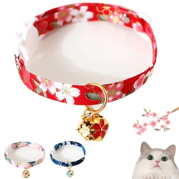 

Breakaway Cat Collar with Hollow Bell Flower Cute Kimono Adjustable Cat Collars Safety Japanese Style for Kitten Puppy Pets