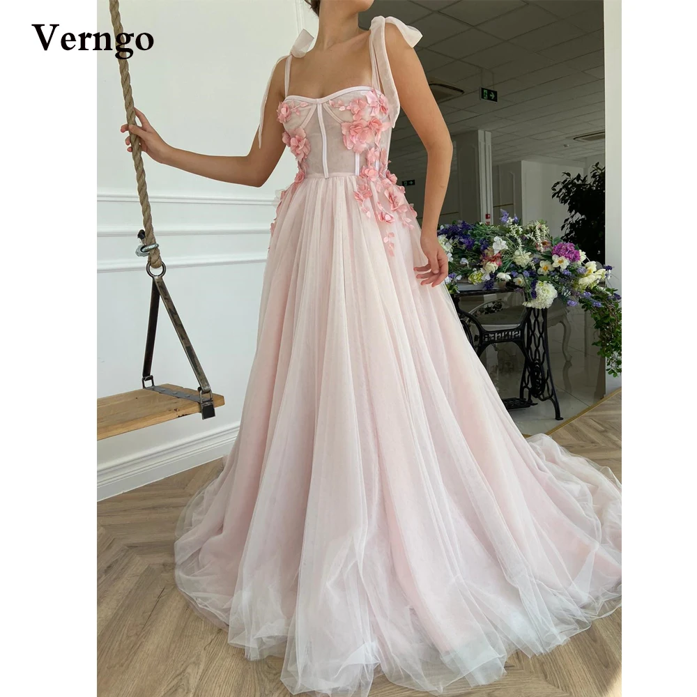 

Verngo Elegant Baby Pink Tulle Prom Dresses With Straps 3D Flowers A Line Long Evening Gowns 16 Sweet Girls Formal Dress 2021