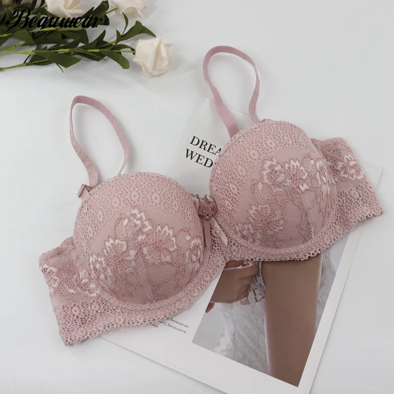 

Beauwear Women Sexy Bra Add 2 Size Padded Push Up Bra Thick Cup for Small Size A B Cup 34 36 38 Floral Lace Emboridery Bh