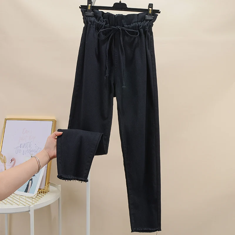 S-XXL корейские повседневные джинсовые штаны с высокой талией для женщин и девочек, свободные штаны-шаровары с эластичной резинкой на талии, женские брюки