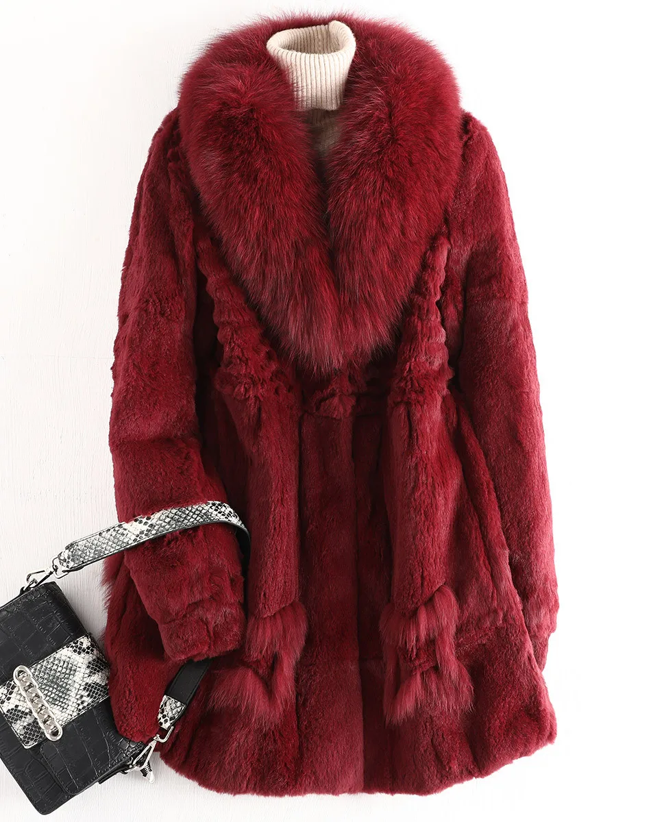 Натуральное меховое пальто, зимняя женская куртка, натуральный мех кролика Рекс, длинное пальто, большой воротник лисы, уличная одежда, толстая теплая верхняя одежда - Цвет: Бургундия