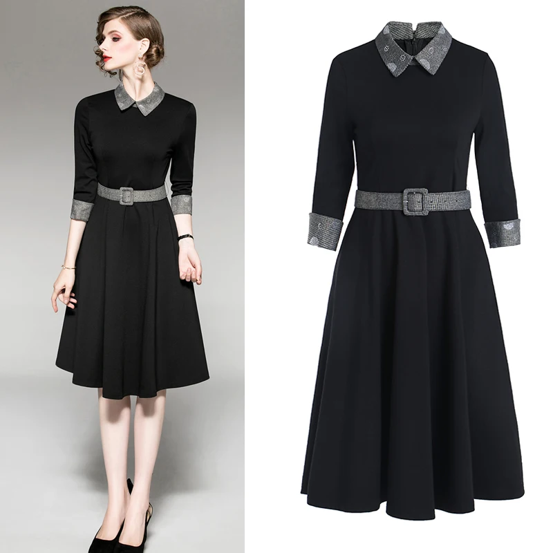 Cute Peter Pan Collar Clothes Autumn Fashion Patchwork Slim A Line Dress High Waist Office Ladies Belt Knee Length Dresses