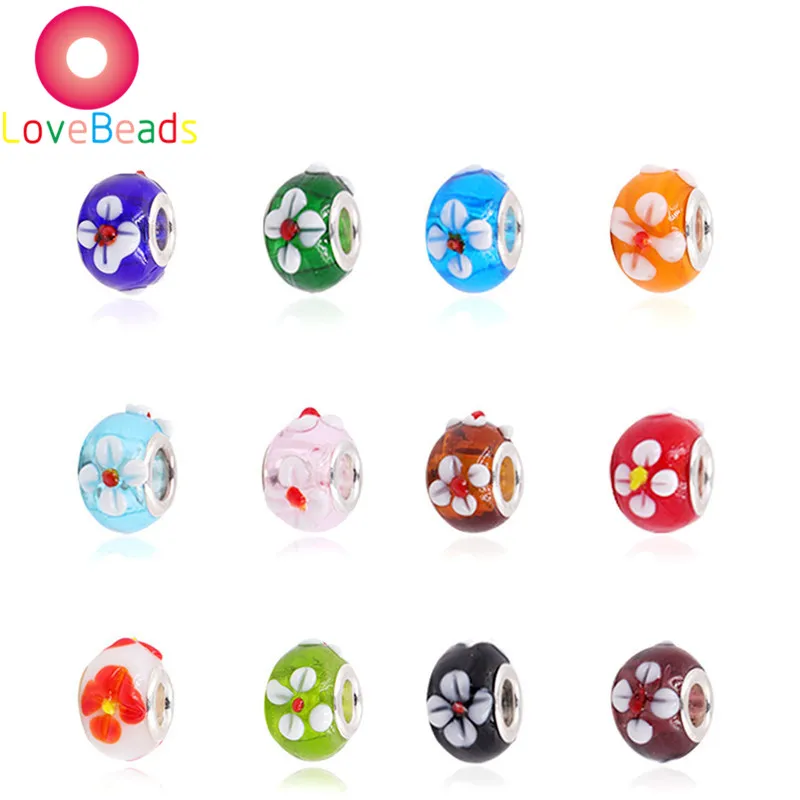 

10 Pcs Colors Flower Murano Large Hole European Charms Lampwork Glass Beads Fit Pandora Bracelet Necklace DIY for Jewelry Making
