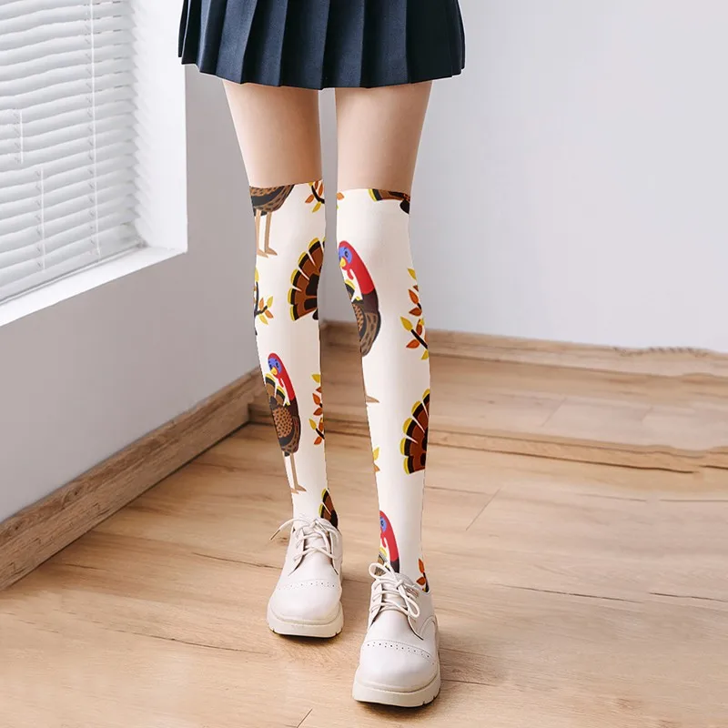 Womens Fashion Sexy Socks Printed Long Thigh High Nylon Stocking For Female Girls Cute Funny Over Knee Casual Cotton | Женская одежда