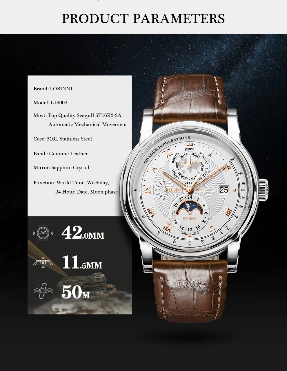 LOBINNI Men Watch Luxury Brand Moon Phase Automatic Mechanical Men's Wirstwatches Sapphire  World Time relogio masculin L16003-2