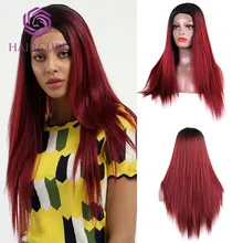 Haircube Омбре красные длинные прямые волосы парик на кружеве термостойкие синтетические парики на кружеве для черных женщин