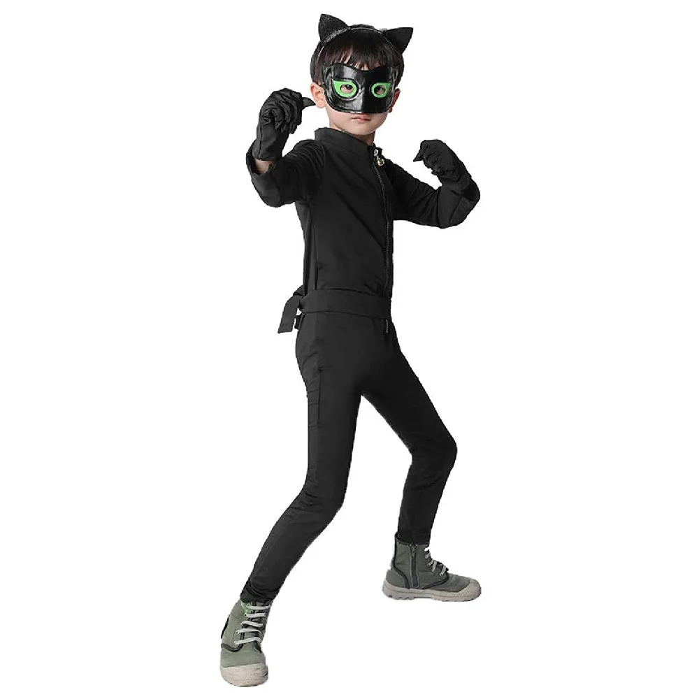 albright Cat Noir Kostüm Set Kinder Cartoon Jumpsuit für Halloween Karneval Weihnachten Cosplay Fasching Party 110/116
